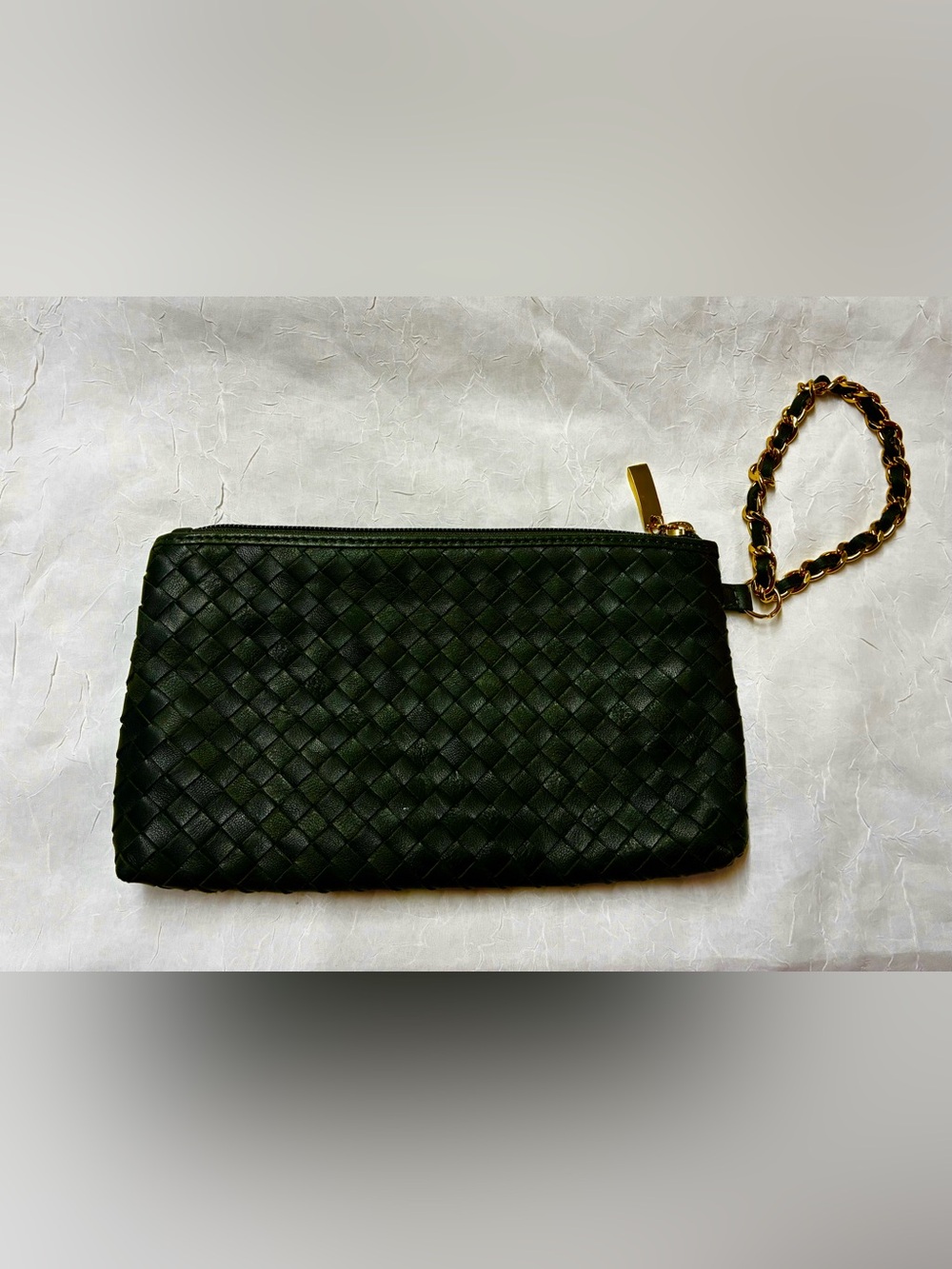 Dark olive green  Woven Wristlet Clutch with Gold Chain
